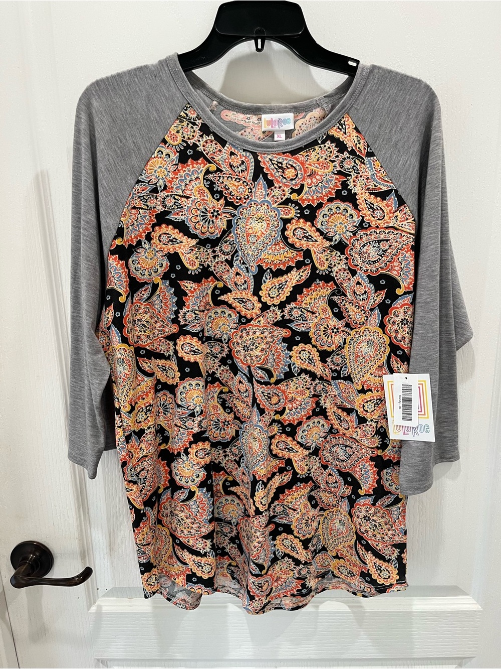LuLaRoe Gray Raglan Top with Black Paisley Print